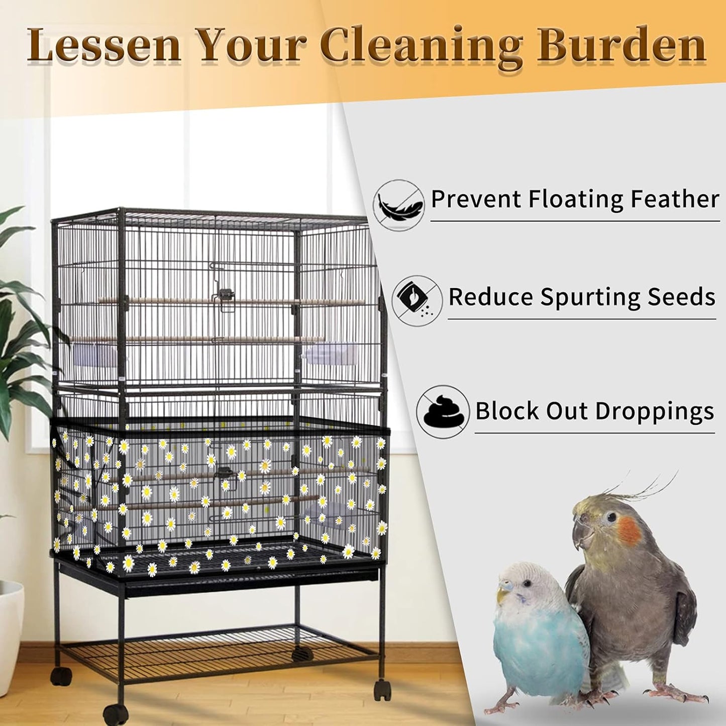 Daoeny Large Bird Cage Cover, Bird Cage Seed Catcher, Adjustable Soft Nylon Mesh Net with Daisy Pattern, Birdcage Cover Skirt Seed Guard for Parrot Parakeet Macaw Round Square Cages (Black)