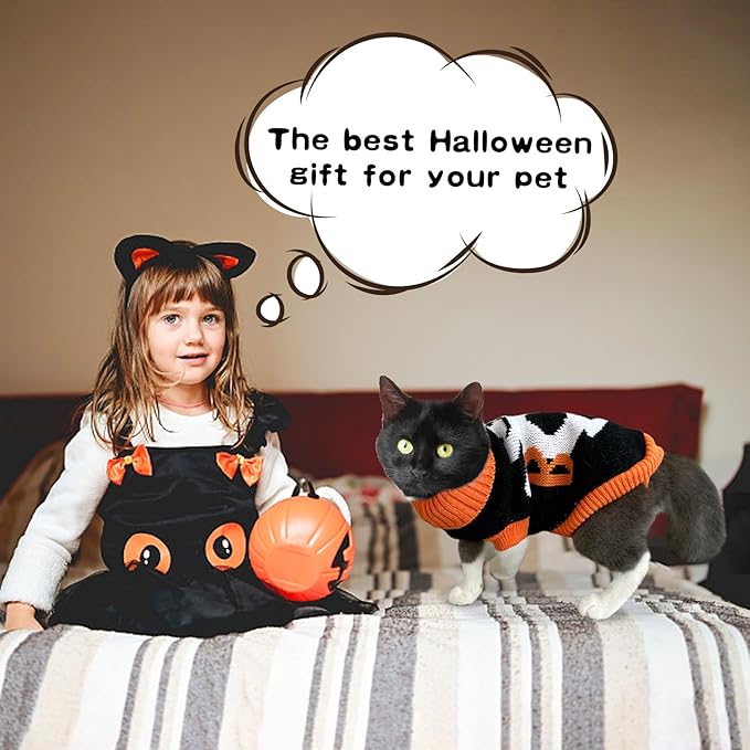 2Pcs Halloween Dog Sweaters Kitten Cat Knitwear Puppy Cat Halloween Pumpkin Ghost Sweater Pet Halloween Sweater Clothes Outfit Costume for Kittens Cats Puppies Small Medium Dogs S