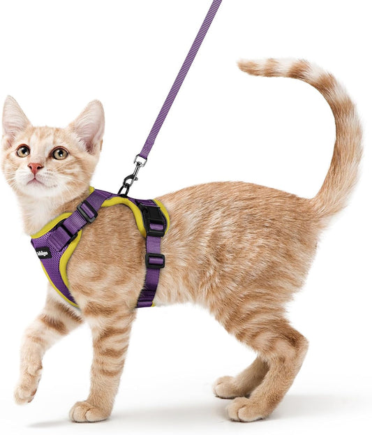 rabbitgoo Cat Harness and Leash for Walking, Escape Proof Soft Adjustable Vest Harnesses for Cats, Easy Control Breathable Reflective Strips Jacket, Purple&Yellow,XS