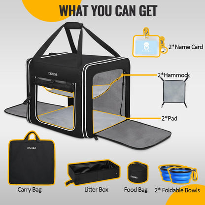 Petskd Portable Double Cat Carrier with Litter Box for Multiple Cats 2in1 Car Travel Carriers 36x17x17in Dual Large Cat Carrier with Safety Locking Zippers for Long Distance Travel