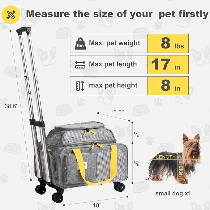 18x13.5x9 TSA Approved top Expandable Rolling pet Carrier for Small Dog Puppy cat up to 8 lbs and 17'' in,Soft Sided for Spirit Southwest Airline,with 4 Wheels and 2 Pockets(Grey).