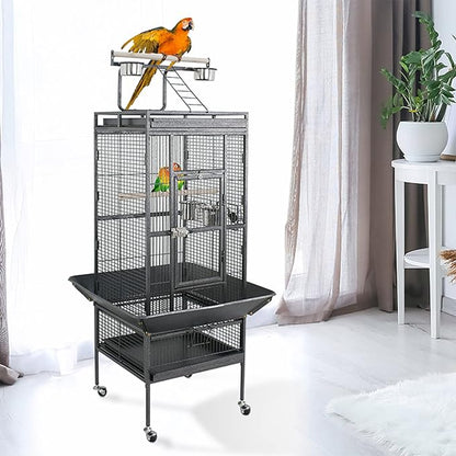 ZENY 61-inch Playtop Parrot Bird Cages, Wrought Iron Large Birdcage with Rolling Stand for Parakeet Cockatiels Quaker Conure Lovebird Finch Canary Small Medium Parrot Cage Birdcage (Black)