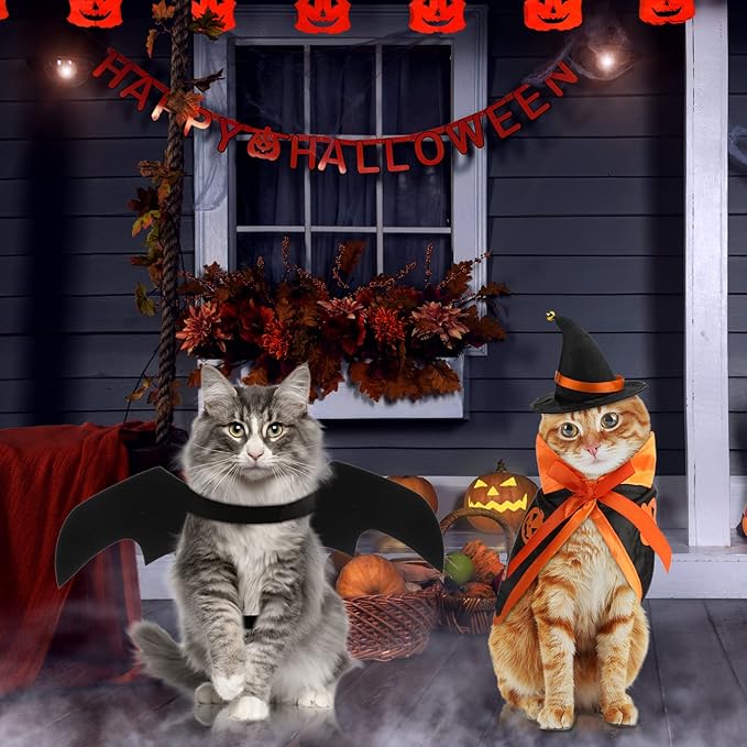 Frienda 3 Pieces Cat Halloween Vampire Costume Includes Vampire Costume Cloak Wizard Hat and Cat Bat Wings for Kittens Pet Halloween Party Cosplay Accessories(Orange,Pumpkin)
