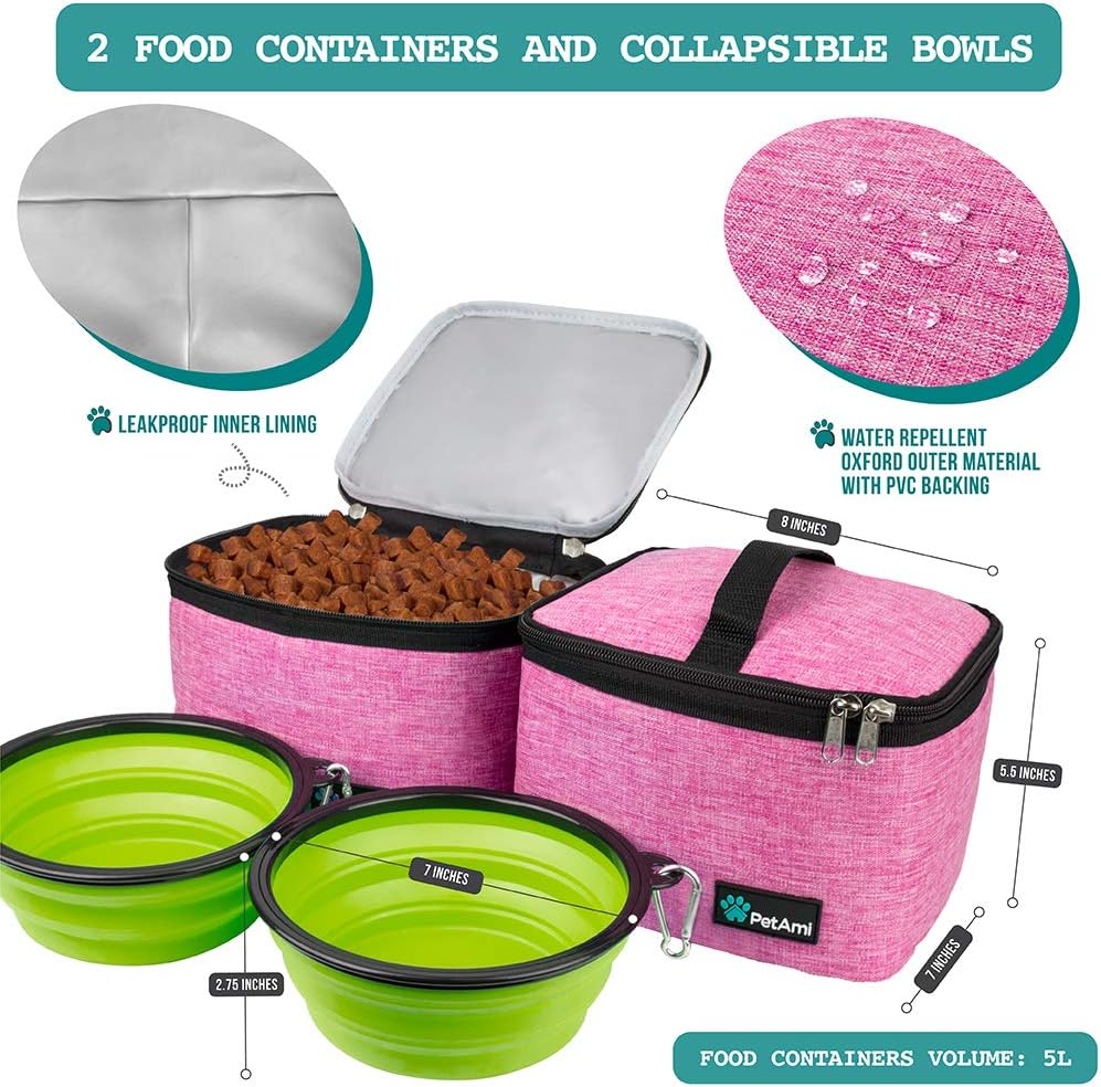 PetAmi Dog Travel Bag - Travel Pet Organizer with Food Container and Bowls, Perfect for Weekend Camping, Cat Diaper Bag (Pink, Large)