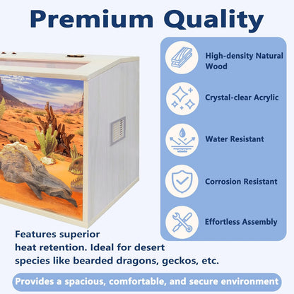 Prolee Reptile Terrarium, Lizard Tank Up to 68 Gallons, Bearded Dragon Tank with Roof Door, Snake Tank with Built-in Lamp Fixture and Switch (62 Gallon, 40" Long, Openable Wood Roof)
