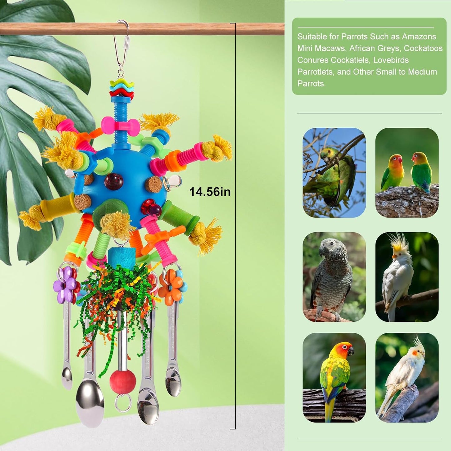 Parrot Toys Bird Toys Perch Pullable Stainless Steel Spoons Colorful Acrylic Stick Chew Toys for Amazons Mini Macaws African Greys Cockatoos Conures, Cockatiels, Lovebirds, Parrotlets and Other (blue)