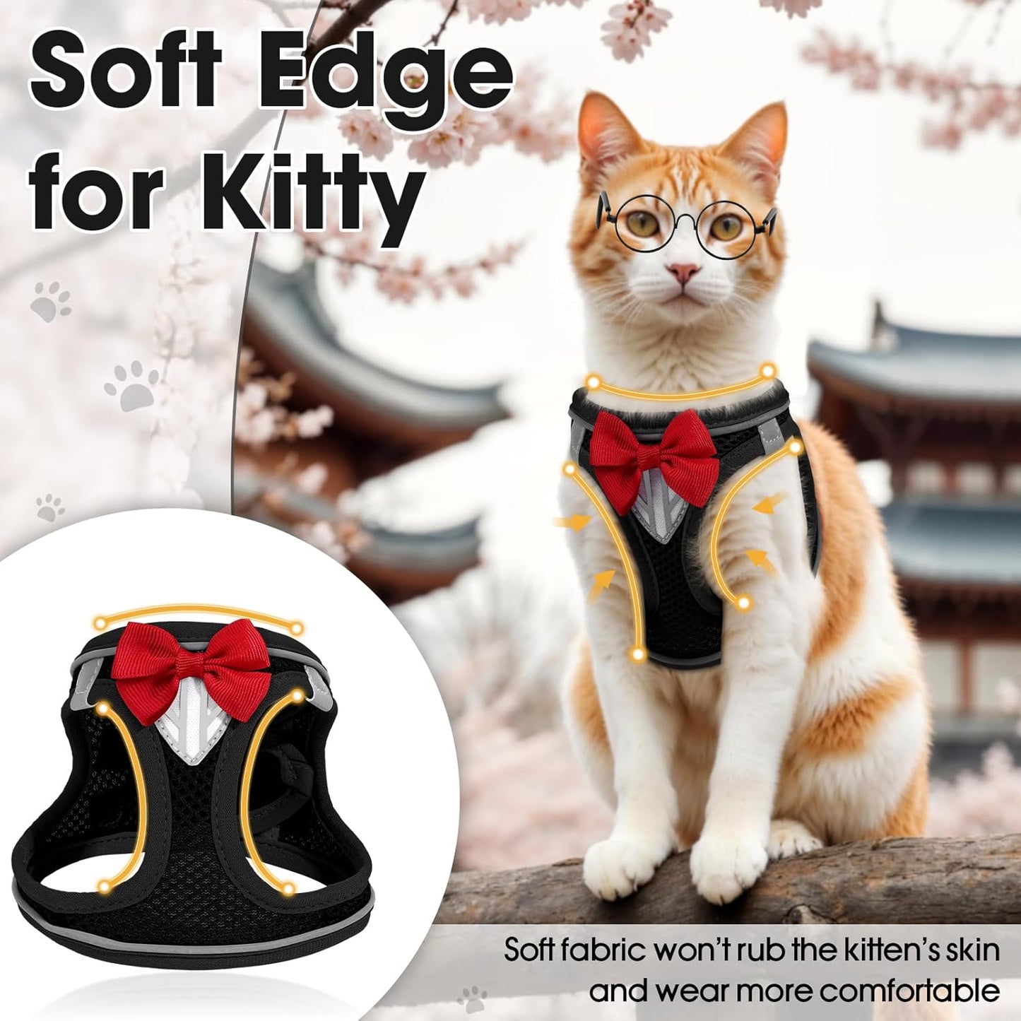 Cat Vest Harness and Leash Set for Walking Escape Proof, Adjustable Kitten Harness Breathable Mesh with Reflective Strips Harness for Kitty Puppy Bunny (Black,M)