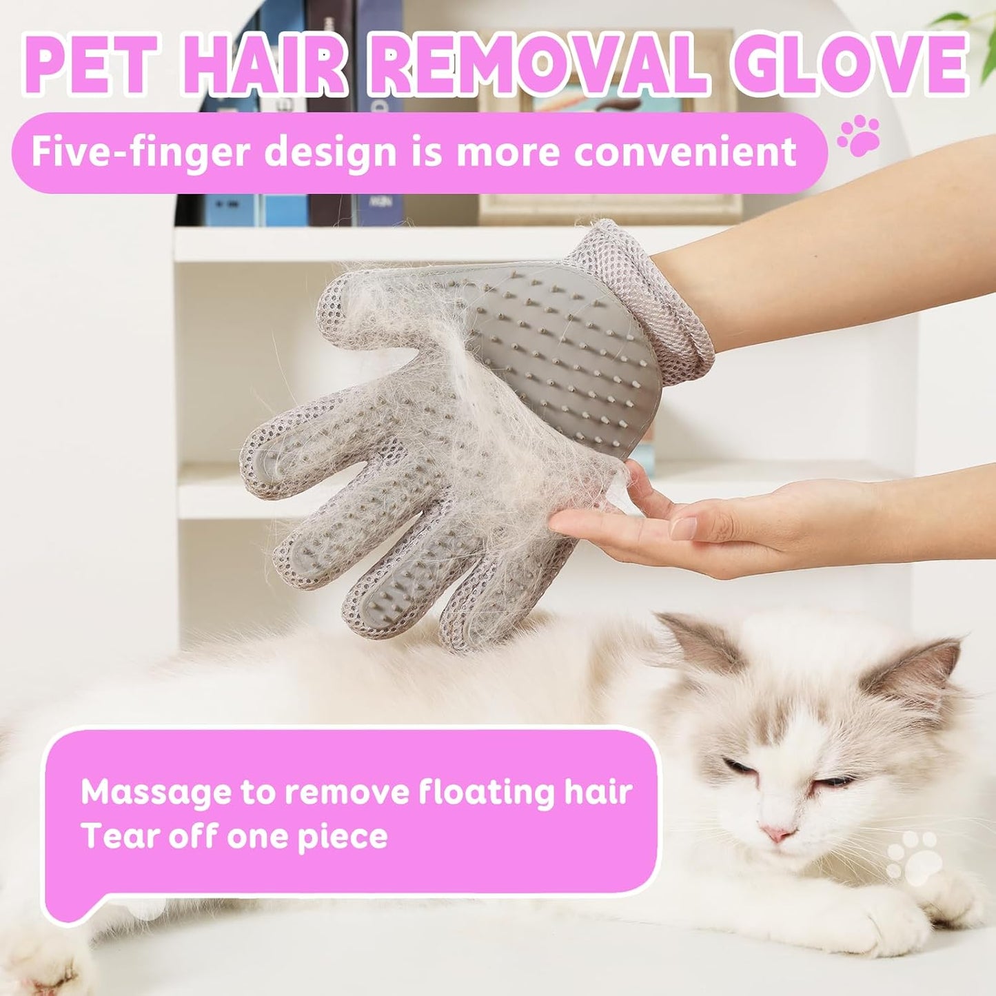 Pet Grooming Gloves Suitable for Long- and Short-Haired Dogs and Cats. Double-Sided, Two-in-One, Pet Hair Removal Gloves for Depilating and Massaging Cats and Dogs. Upgraded Five-Finger Design.