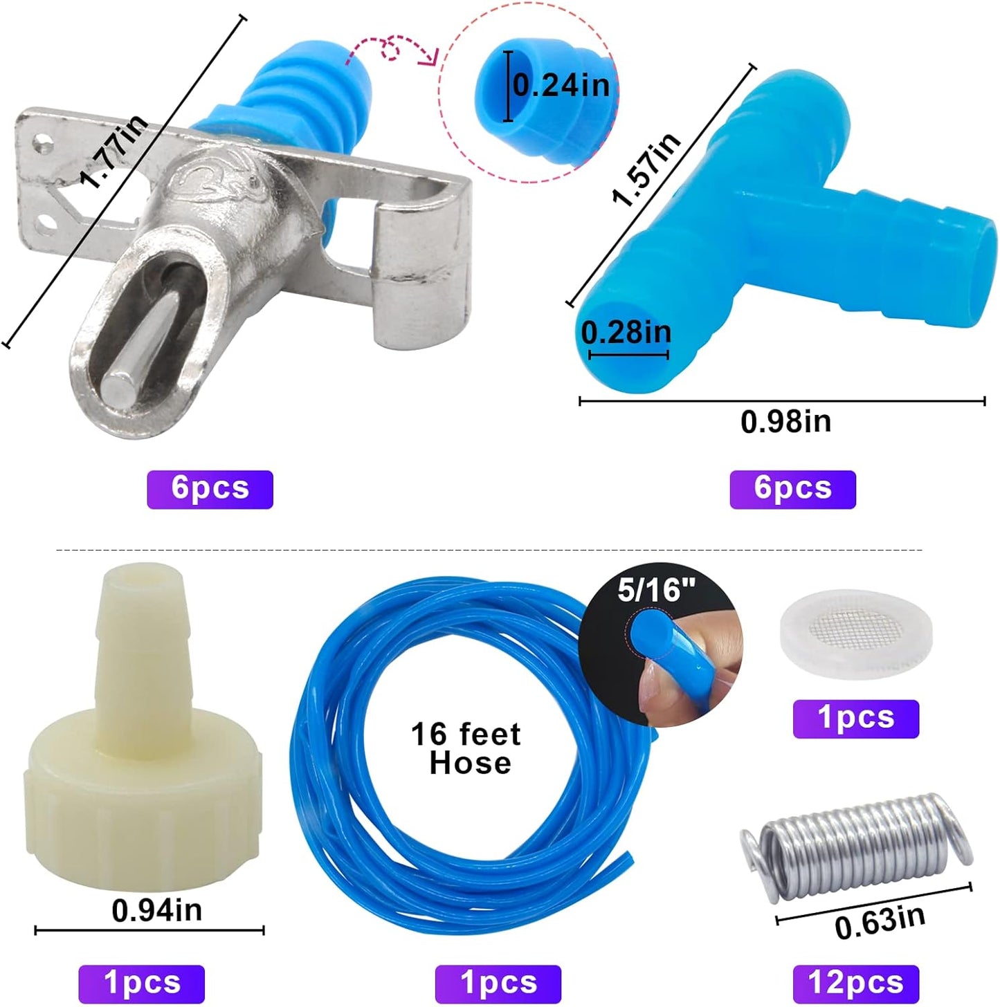 Automatic Rabbit Watering Kit Include 6 Nipple Drinker Feeders, ID 5/16" Hose, Barb Fittings to G1/2" Thread Connector