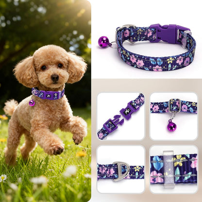 Floral Reflective Dog Collar with Bell -XSmall Puppy Collars for Puppia Pet Cat Girl Kitten Small Breeds, Cute Adjustable Nylon Collar for Yorkie Chihuahua Night Walks (XS)