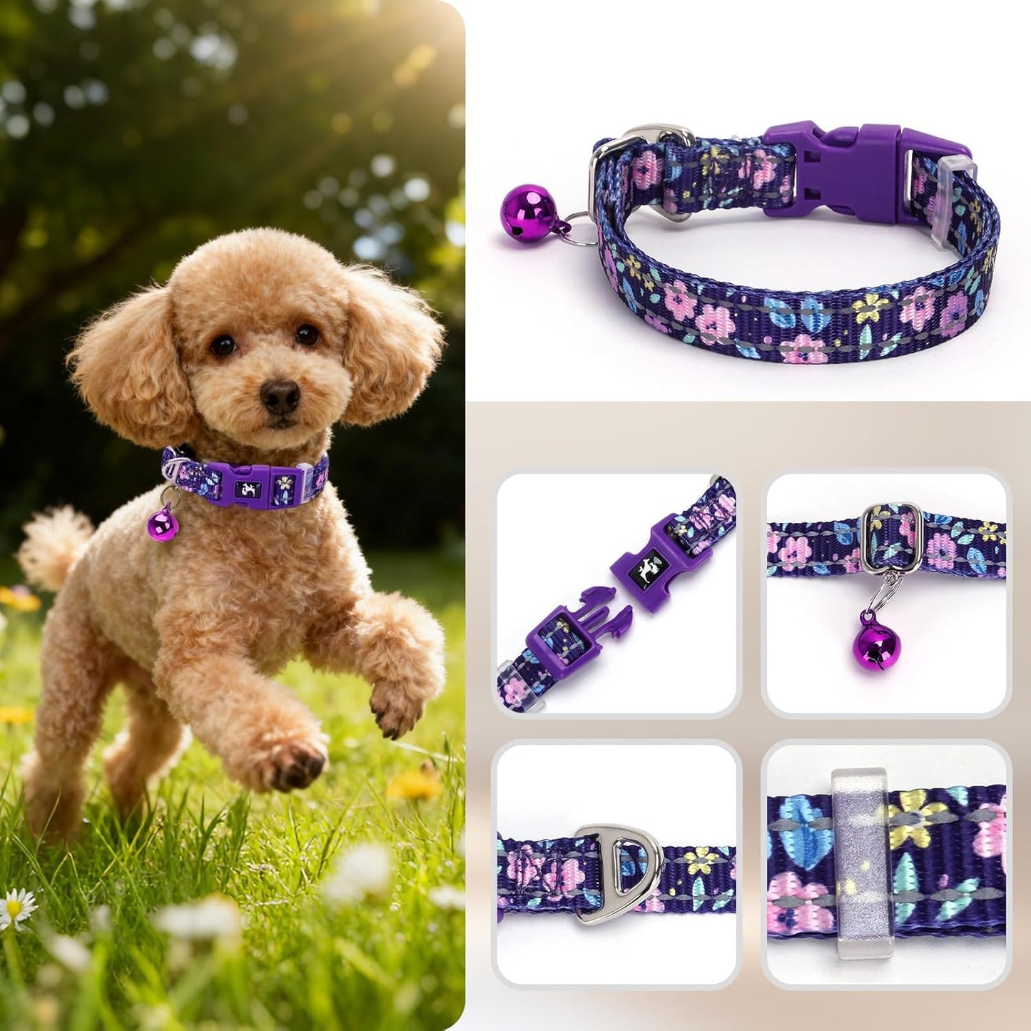 Floral Reflective Dog Collar with Bell -XSmall Puppy Collars for Puppia Pet Cat Girl Kitten Small Breeds, Cute Adjustable Nylon Collar for Yorkie Chihuahua Night Walks (S)