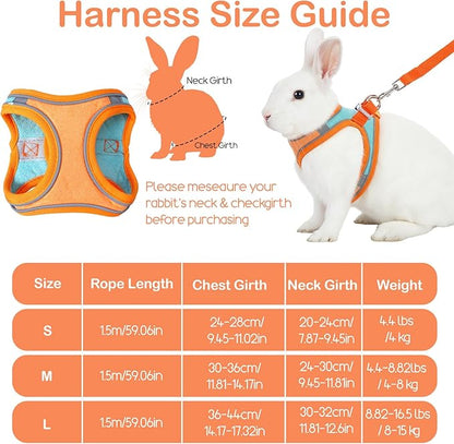 Bunny Harness and Leash Set, Adjustable Double Buckles Breathable Mesh Rabbit Vest with Reflective Strips, Escape Proof Small Pet Walking Training Gear for Rabbits, Kittens, Ferrets, Guinea Pigs (S)