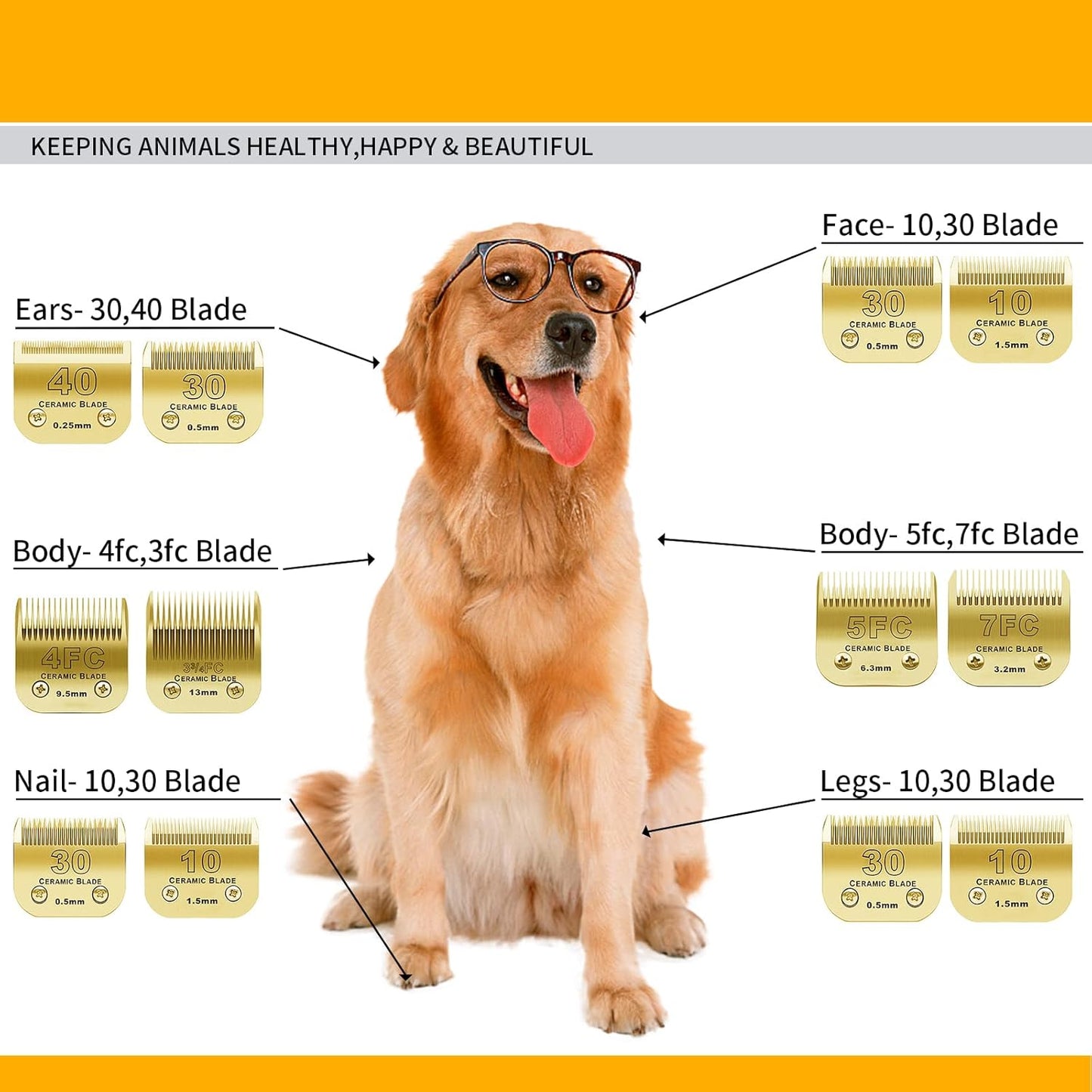 Detachable Pet Dog Grooming Clipper Ceramic Blades Set,Compatible with Andis,Oster A5,Wahl KM10 Series Clippers,Size 7FC/5FC/4FC/3FC 4 Pack,Gold