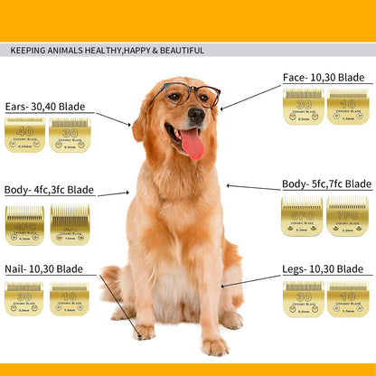 Detachable Pet Dog Grooming Clipper Ceramic Blades Set,Compatible with Andis,Oster A5,Wahl KM10 Series Clippers,Size 7FC/5FC/4FC/3FC 4 Pack,Gold
