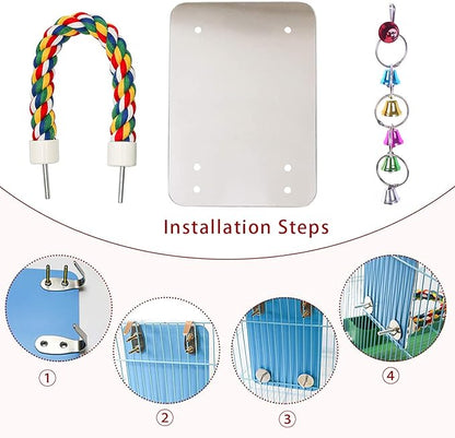 7" Bird Mirror with Rope Perch Bird Toys Swing, Comfy Perch for Greys Amazons Parakeet Cockatiel Conure Lovebirds Finch Canaries
