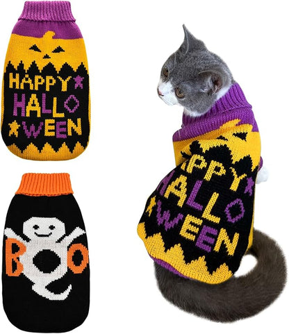 2Pcs Halloween Dog Sweaters Kitten Cat Knitwear Puppy Cat Halloween Pumpkin Ghost Sweater Pet Halloween Sweater Clothes Outfit Costume for Kittens Cats Puppies Small Medium Dogs M