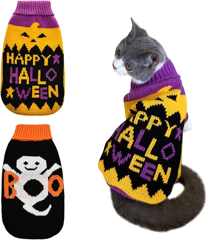 2Pcs Halloween Dog Sweaters Kitten Cat Knitwear Puppy Pumpkin Ghost Costume - Pet Sweater Clothes Outfit for Kittens Cats Puppies Small Medium Dogs L