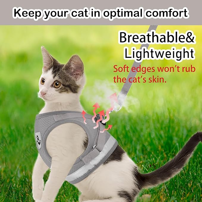Cat Harnesses and Puppy Harness with Leashes Set, Escape Proof Cat Harness, Adjustable Reflective Soft Mesh Vest Fit Puppy Kitten Rabbit Ferrets's Outdoor Harness(greyXL)