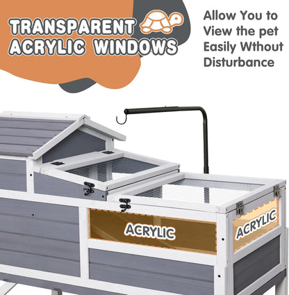 GEGURI Tortoise Habitat House Indoor Outdoor, 3-Room Wooden Turtle Enclosure Reptile Cage with Shelf Storage, Balcony & 2 Stories for Small Animals