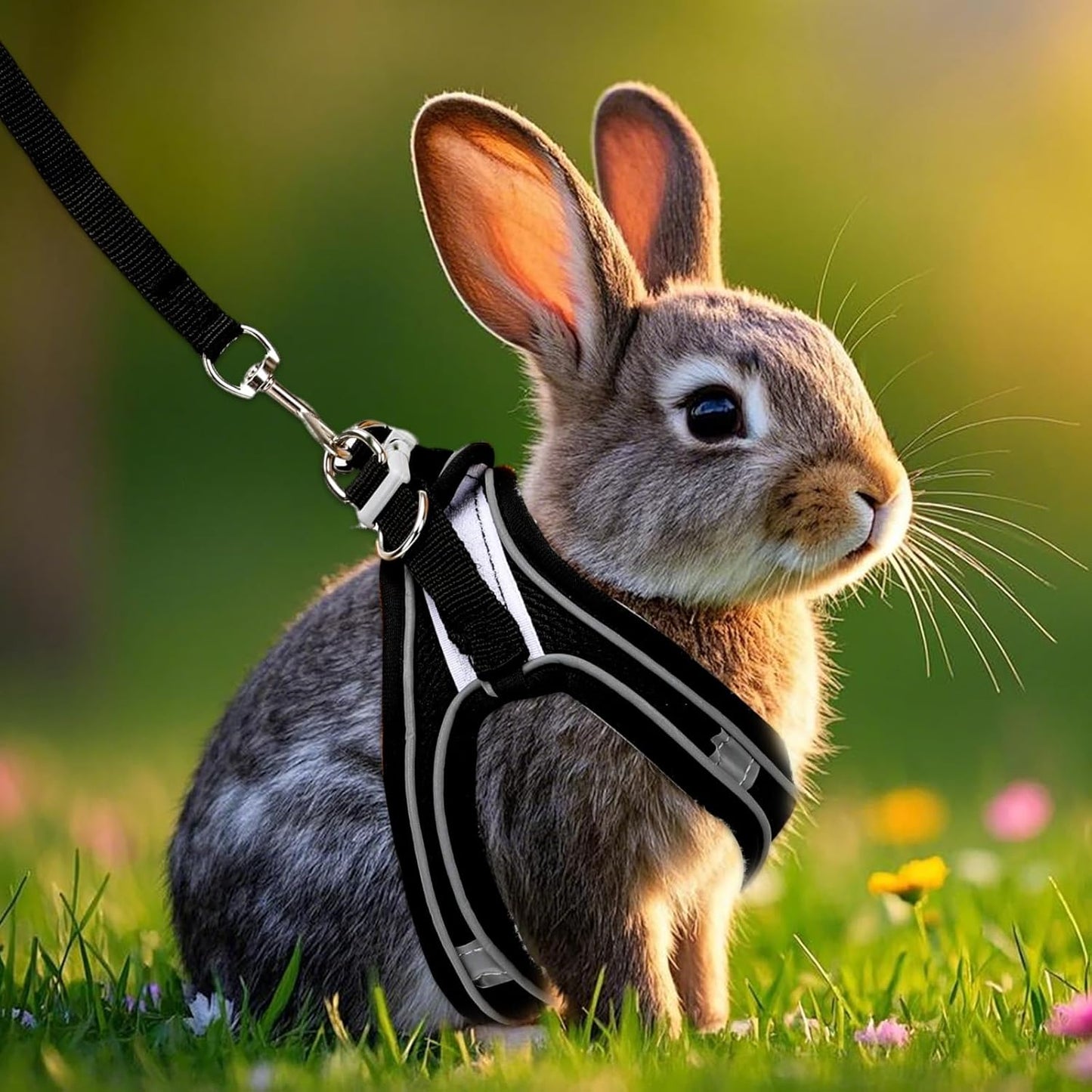 2 Pack Rabbit Harness and Leash Set, Double Buckle Bunnies Harness with Reflective Strips Soft Breathable Mesh Vest Harness for Rabbits Walks Accessories(Blue and Black)