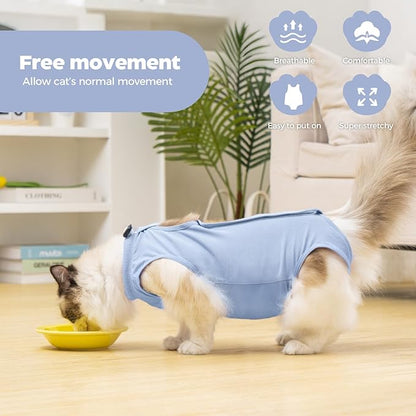 Avont Cat Recovery Suit Post-Surgery Onesie, Breathable Cone-of-Shame Alternative Bodysuit for Spayed Female Kittens, Skin Abdonminal Wound Care -Blue(L)