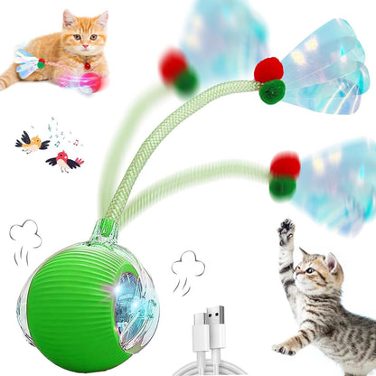 Interactive Cat Toys for Indoor Cats, Automatic Cat Toy with Elastic Mesh Tail, Electric Rolling Ball on Carpet, Chirping and Motion Activate Cat