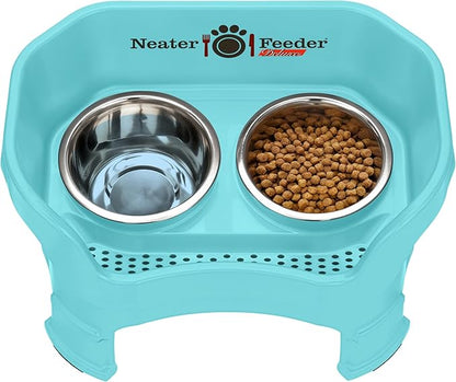 Neater Feeder Deluxe Mess Proof Dog Bowls Elevated Medium Sized Dogs (19-40 lbs) Made in USA, No Spill Raised Dog Food Bowl Stand w/Leg Extension, Stainless Steel Food and Water Bowl Set, Aquamarine