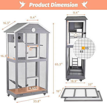 Outdoor Bird Cage Large, Wooden Flight Aviary with Perches, Nest Habitat, and Easy-Clean Pull Out Tray for Parakeets, Macaws, and More