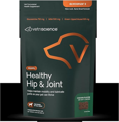 VetriScience Healthy Hip & Joint Chews, GlycoFlex Glucosamine and Green-Lipped Mussel Joint Support Supplement for Dogs, Promote Mobility and Protect Joints, Chicken, 120 Count
