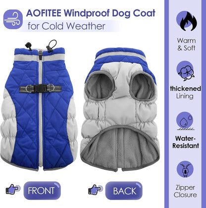 AOFITEE Dog Coat, Warm Winter Jacket for Medium Dogs, Reflective Turtleneck With Built-in Harness, Waterproof Windproof Pet Fleece Vest Puffer, Blue M