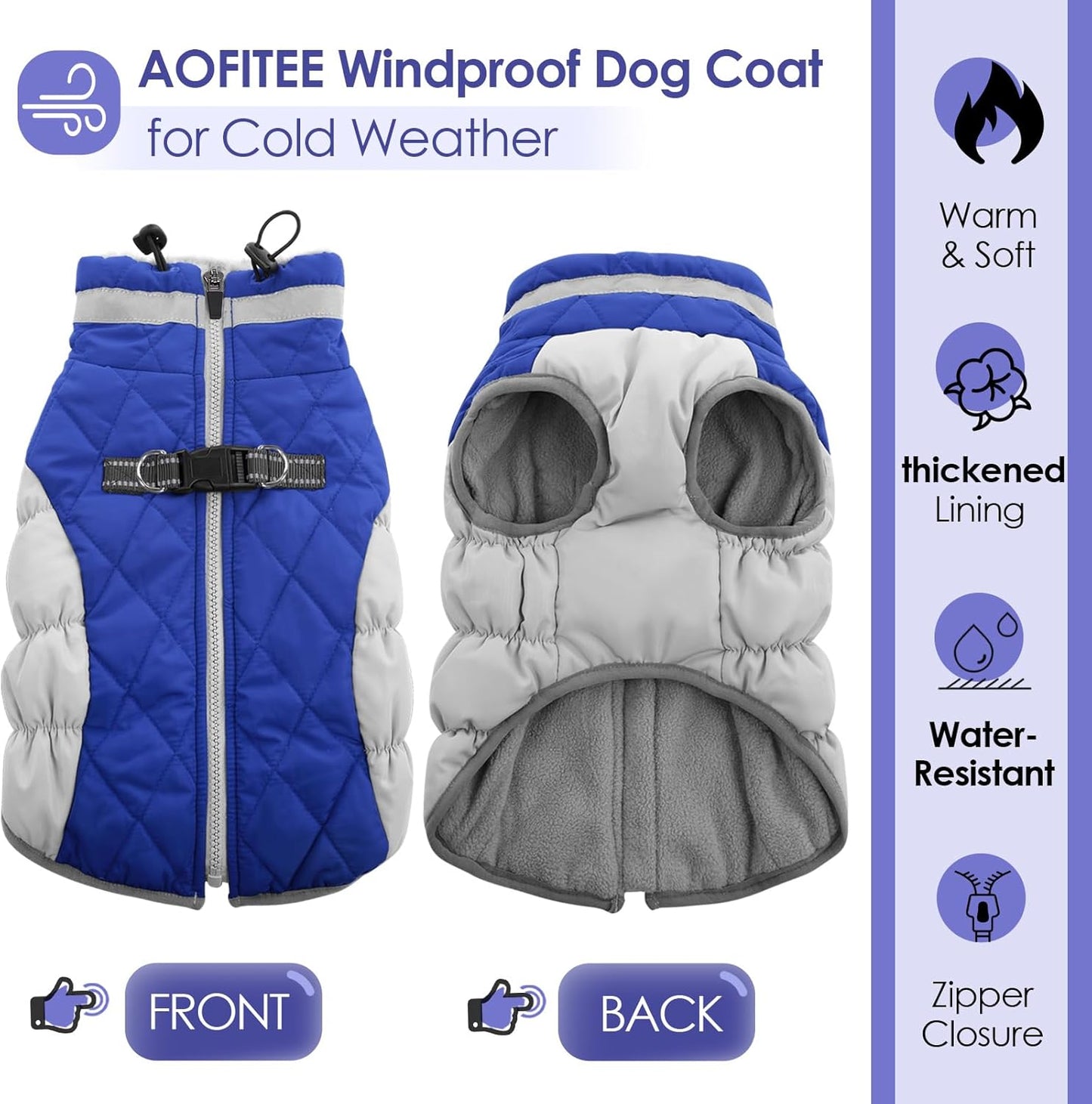 AOFITEE Dog Coat, Warm Dog Winter Coat, Reflective Cold Weather Dogs Puffer Jacket with Harness Built in, Waterproof Pet Fleece Vest Snowsuit for Small Medium Large Dogs, Blue L