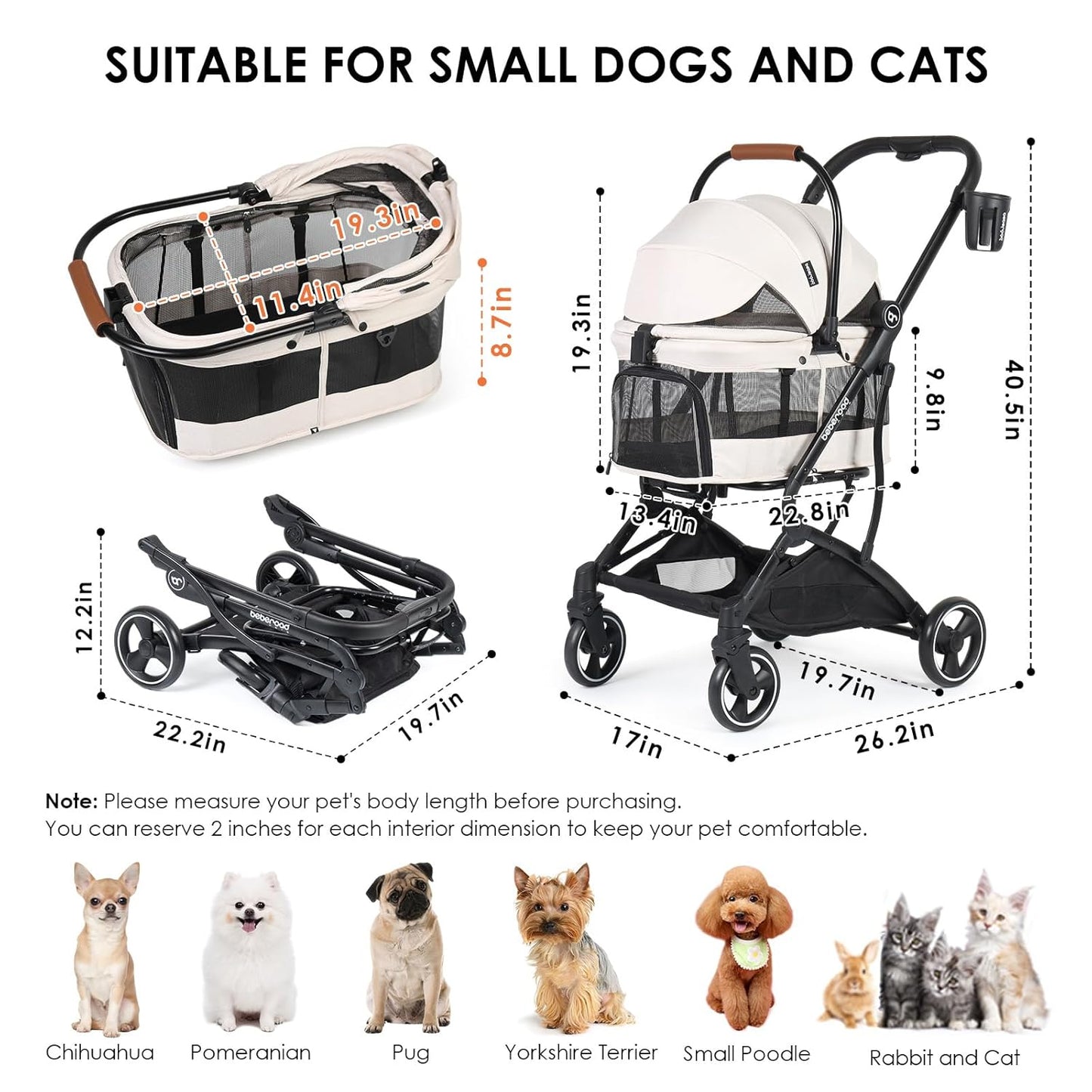 T3 Foldable Pet Stroller for Small Dogs & Cats – 3-in-1 Lightweight Design, 180° Canopy & Detachable Carrier (Beige)