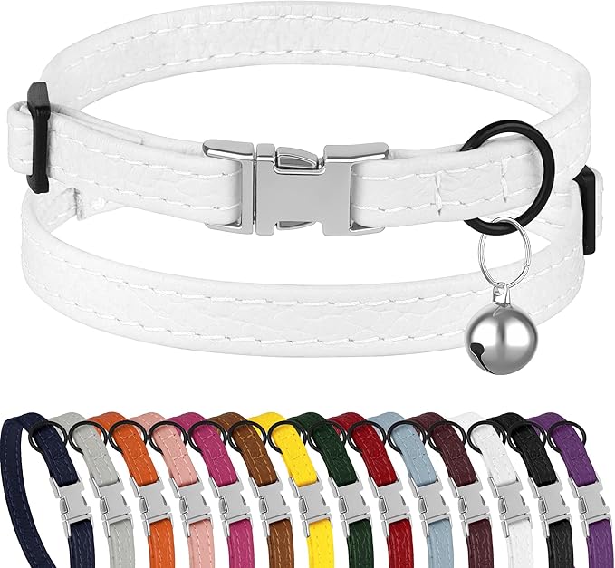 Leather Cat Collar with Buckle and Removable Bell - Non Breakaway Adjustable Soft Safety Small Pet Collars for Girl Boy Cats Kitten (White)