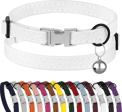 Leather Cat Collar with Buckle and Removable Bell - Non Breakaway Adjustable Soft Safety Small Pet Collars for Girl Boy Cats Kitten (White)