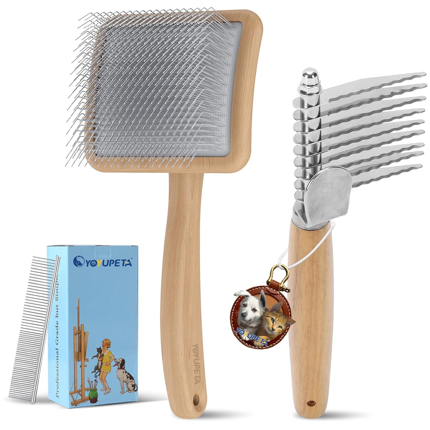 Long Pin Dog Slicker Brush for Poodles, Golden Doodles & Cats - 3-Piece Grooming Kit with Dematting Comb and Pet Comb, Large Wooden Handle Deshedding Tools for Thick Hair Mats Removal