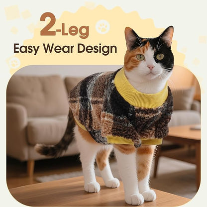 DENTRUN Cat Sweater Winter Clothes - Plush Fleece Coat with Cotton Lining, Anti-Static, Front Legs Kitten Pajamas, Stretch Ribbed Cuffs for Warmth, Cozy Christmas Outfit for Small Medium Large Cats
