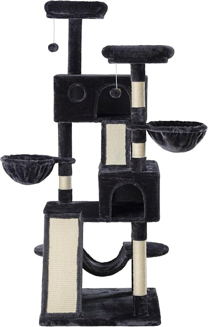 SHA CERLIN 65in Larger Cat Tree Tower Condo for Indoor Kitties/Multi-Level Furniture Activity Center with Wide Base/Cozy Plush Cat Perches/Baskets/Sisal Scratching Posts and Hammock/Dark Grey