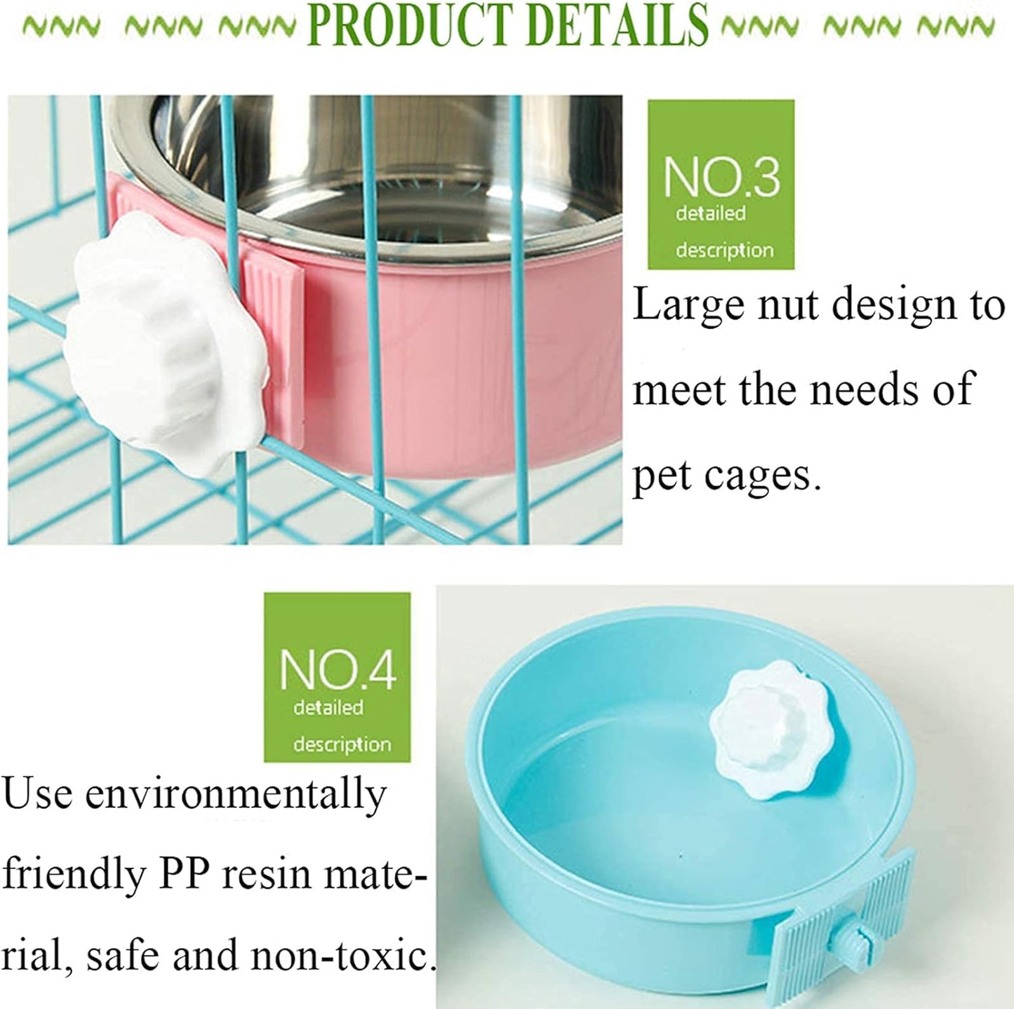 kathson Crate Dog Bowl, Removable Stainless Steel Hanging Pet Cage Bowl Food & Water Feeder Coop Cup for Cat, Puppy, Birds, Rats, Guinea Pigs (2 PCS, Size: M, Green and Pink)