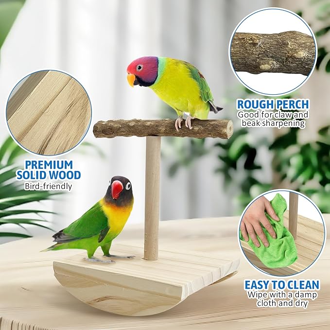 kathson Bird Training Stand, Parakeet Playground Bird Perch Platform Portable Tabletop Parrot Perch Cockatiel Stand perches T Shaped Conures Play Platform for Parakeets Conures Lovebirds Cockatiels