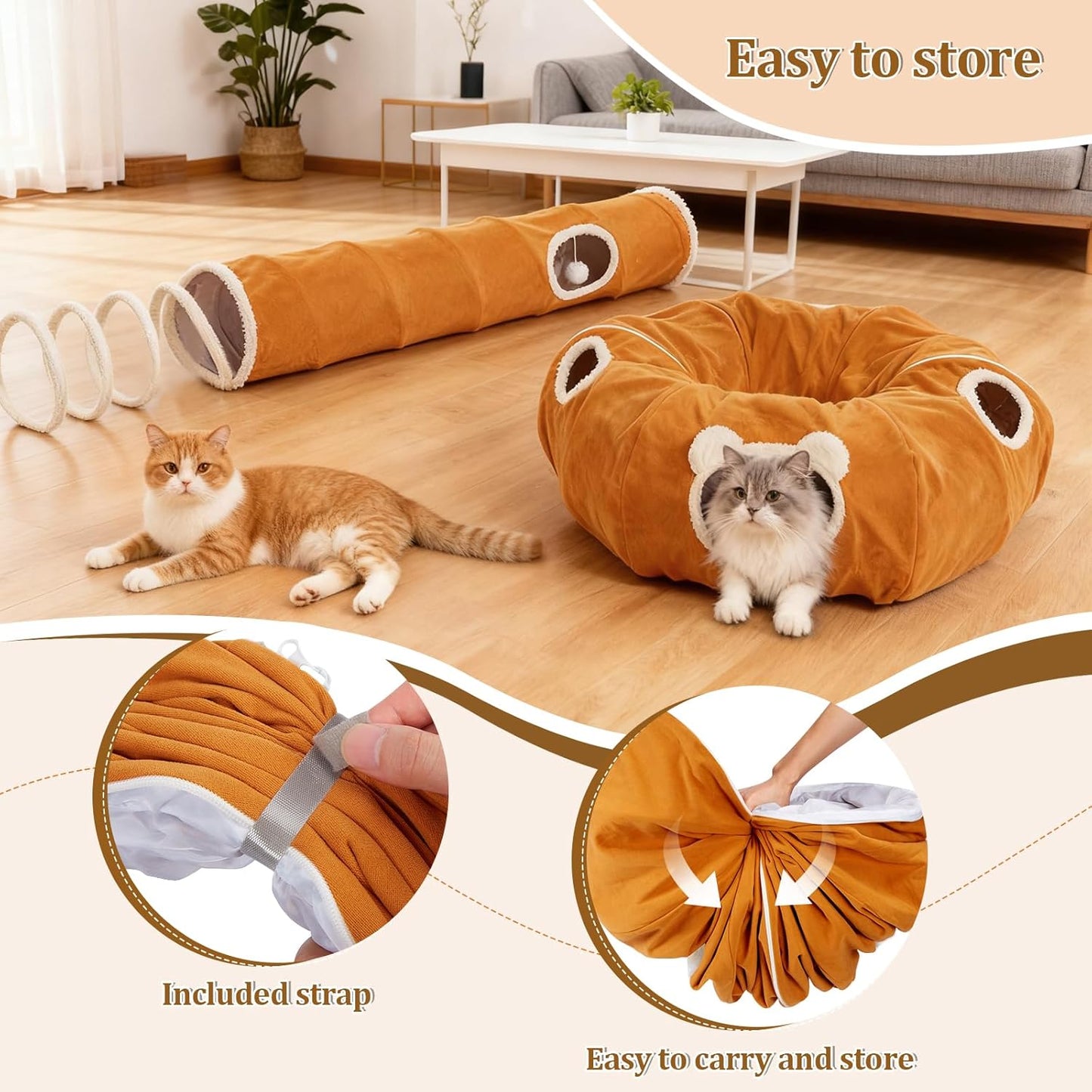 Ownpets 2-in-1 Cat Tunnel Bed, Lollipop Shape Large Cat Tunnel Toy, Plush Foldable Cat Cave Hideout Donut Tunnel for Kitten Rabbit Ferret, Brown