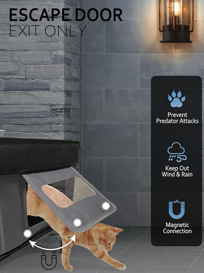 Heated Cat House for Outside Insulated in Winter,Fully Waterproof,with Adjustable Awning,Escape Door,Indoor Outdoor Cat Shelter for Feral Stray Barn Cat to Stay Warm&Dry,Black/Gray,Large Size