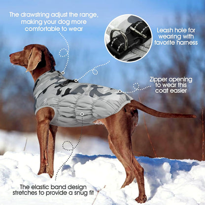 FUAMEY Dog Coat for Large Dogs,Waterproof Dog Winter Jacket with Harness Built in Puppy Cold Weather Coats Reflective Pet Vest with Zipper Warm Fleece Dogs Snowsuit Windproof Grey Camo XL
