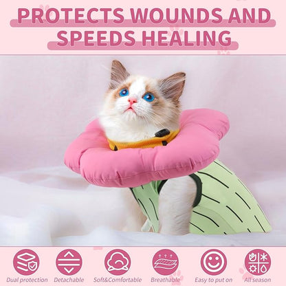 EMUST Cat Recovery Suit and Cone Collar - Cute Surgical Suit for Abdominal Wounds or Skin Diseases, Adjustable Flower Neck Collar Soft for Cats 4-8lb (Green, M)