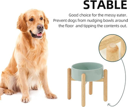 Ceramic 8.2inch Raised Dog Bowl with Stand for Large - Breed Dogs, Pet Food and Water Feeder(Single Bowl with Stand - Light Green)
