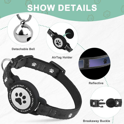 Airtag Cat Collar Breakaway, Reflective Cat Collar with AirTag Holder and Bell, Compatible with Apple Air Tag, Comfortable Padding, Adjustable, Durable (Black)