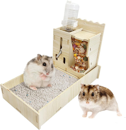Hamiledyi 3 in 1 Wooden Hamster Feeder Dispenser Hanging Dwarf Hamster Food Bowl & Water Bottle with Removable Litter Box Small Animal Feeder for Hamsters Mouse Gerbil (11" x 5.7" x 7.5")