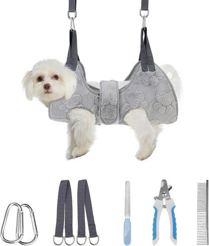 PAWCHIE Dog Grooming Hammock Harness for Dogs & Cats with Pet Nail Clipper Trimmer,Cat Hanger Sling for Trimming Clipping Nails,Warm Plush Dog Hammock Restraint Bag for Small Medium Large Dogs,Grey XS