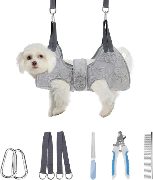 PAWCHIE Dog Grooming Hammock Harness for Dogs & Cats with Pet Nail Clipper Trimmer,Cat Hanger Sling for Trimming Clipping Nails,Warm Plush Dog Hammock Restraint Bag for Small Medium Large Dogs,Grey XS