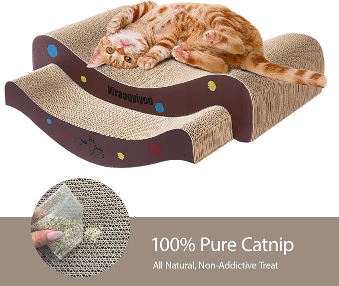 Cat Scratcher, Cat Scratching Board, Cat Scratcher Set, Scratch-Resistant Cat Scratching Post Large (20L X 4H in.) and Small (16.5L X 2.5H in.), Corrugated Cardboard