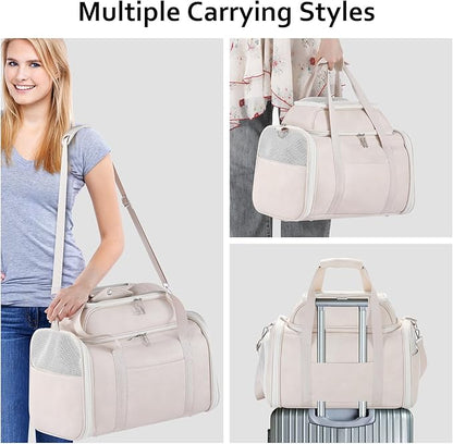 Premium Leather Top Expandable Pet Carrier for Small Dogs & Cats Under 15 lbs, Airline Approved Collapsible Soft-Sided Luxury Travel Bag Beige